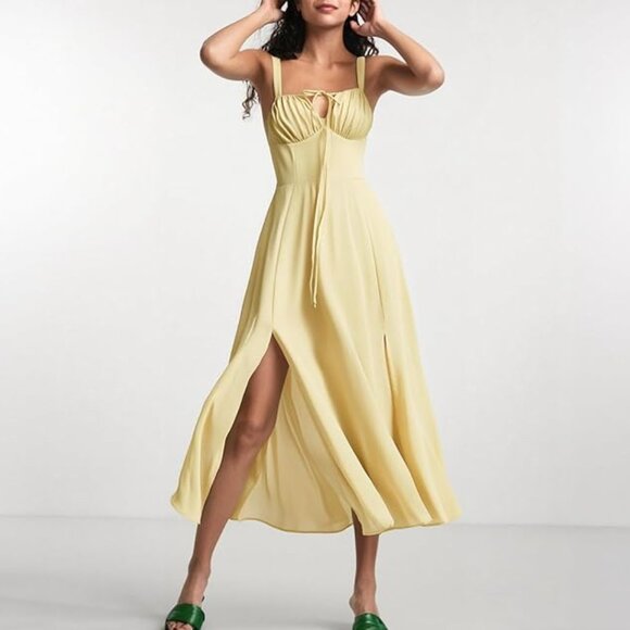 Corset Dress Boho Flowy Slit Bustier Lace Up Midi Dresses Going Out Cottagecore - Picture 2 of 8